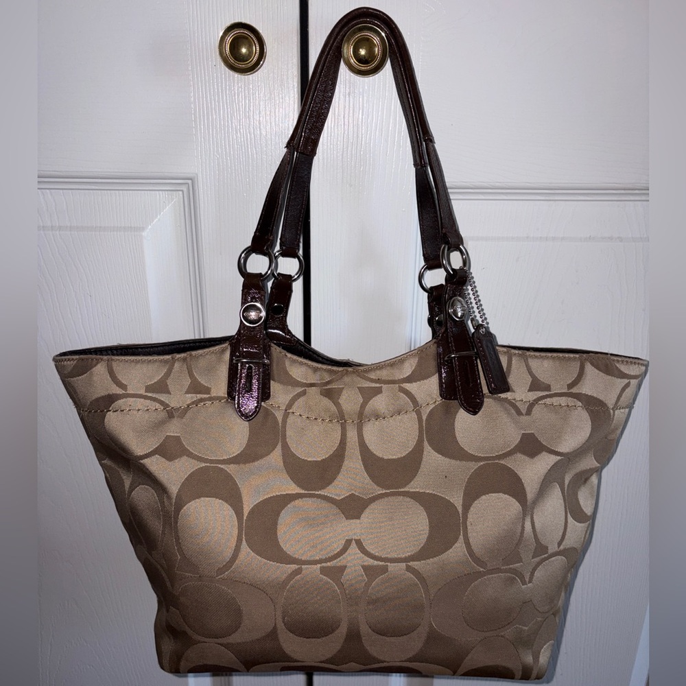 Coach Signature Large Canvas Tote Bag in Beige and Brown leather double handles